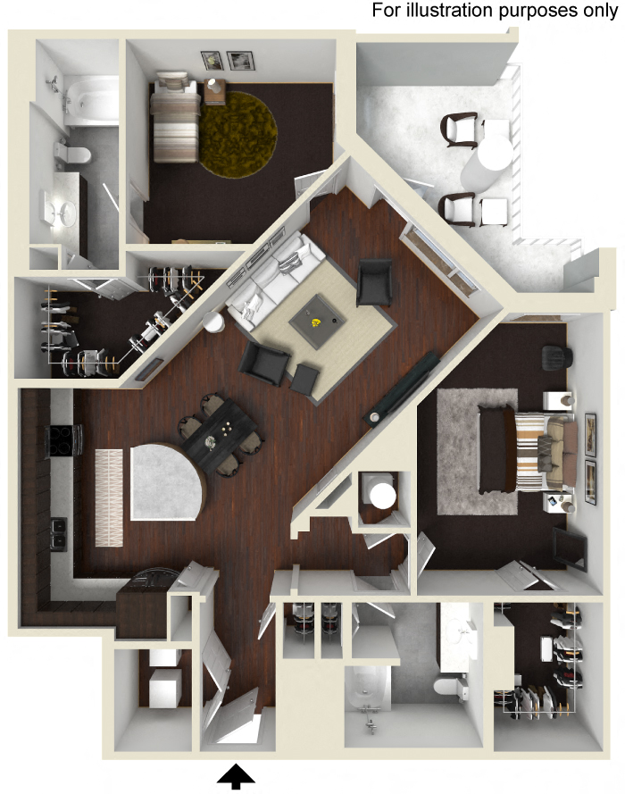 Floor plan for 2 beds, 2 baths, 1302 sqft